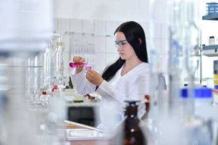 Auf dem Bild sehen Sie eine Laborantin, welche gerade die am Chemiestandort hergestellten Stoffe testet.